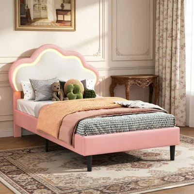 Imagen del producto de Cama para niños Moonbite de 90x200 cm – cabecera ajustable con iluminación LED y control remoto, tapizada en cuero sintético, color rosa