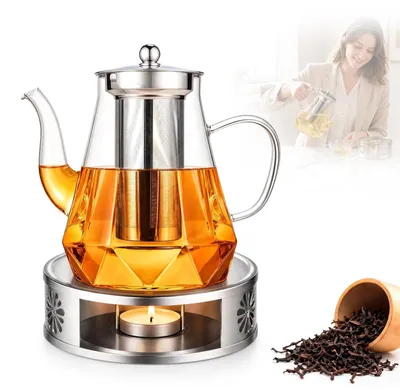 Teekanne mit Stövchen, 1000 ml, Borosilikatglas, Teesieb, tropffrei