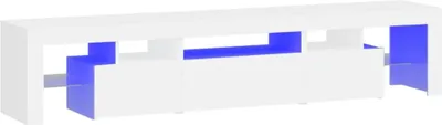 A white TV stand with blue accents, shown from a slightly angled front view.