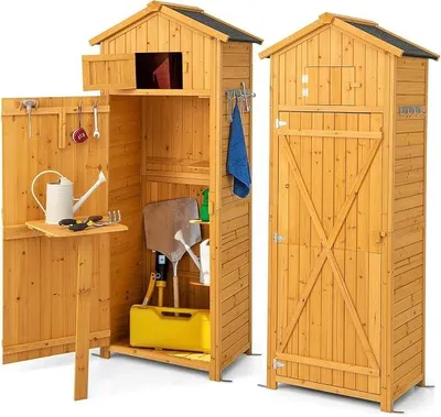 Imagen del producto de Caseta de madera, 75 x 50 x 180,5 cm, armario de jardín con techo a dos aguas, armario para herramientas con 8 ganchos, 3 estantes, una mesa plegable y un compartimento superior, caseta de jardín resistente a la intemperie para uso en exteriores (color natural)