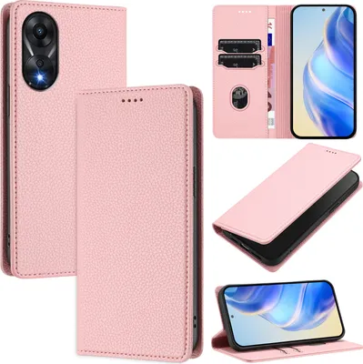 Produktbild von Litchi Leder Handyhülle für Oppo A78 4G Wallet Kartenfächer Standfunktion Hülle Pink