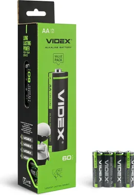 Zdjęcie produktu dla Baterie alkaliczne VIDEX LR6/AA, 4 sztuki w opakowaniu po 15 sztuk, opakowanie termokurczliwe