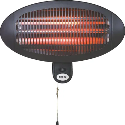 A wall-mounted infrared heater with glowing heating elements.