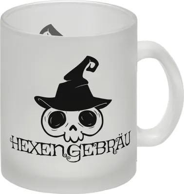 Produktbild von Glas Tasse mit lustigem Halloween Motiv - Totenkopf mit Hexenhut