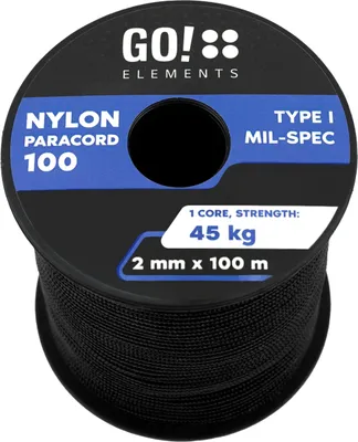 Produktbild von GO!elements 100m Paracord 2mm Seil aus reißfester Nylonschnur - Paracord 100 Typ I Survival Schnur - Reißfest bis 45kg - geeignet als Allzweckseil, Reepschnur, Kordel, Maurerschnur, Farbe: Schwarz