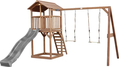 Produktbild von AXI Beach Tower Spielturm aus Holz in Braun | Spielhaus für Kinder mit grauer Rutsche, Doppelschaukel und Sandkasten | Stelzenhaus für den Garten