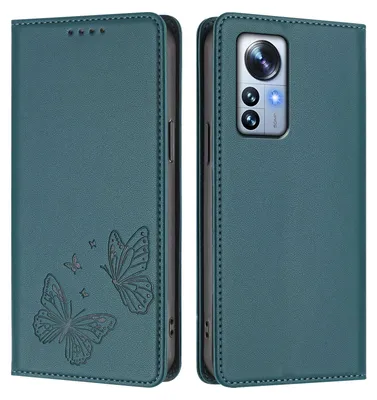 Obrázek produktu pro Kožené pouzdro pro Xiaomi 12 Pro / 12S Pro, motýlí ražbou, peněženkové flip pouzdro se stojánkem Zelená