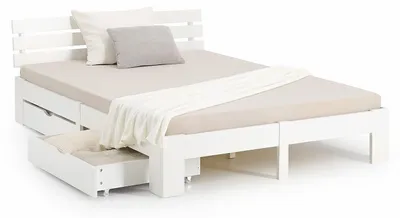 Obrázok produktu pre Drevená posteľ Homestyle4u, rozmery 140x200 cm, s 2 zásuvkami, biela. Manželská posteľ s roštom a úložným priestorom