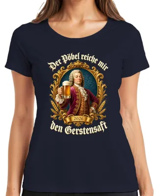 Productafbeelding van "Der Pöbel" T-shirt, met de tekst "reiche mir den Gerstensaft" (geef me het gerstebier), "Bier", "Adel", "Barock", "Saufen" (drinken), "Feier" (feest), "Damen" (dames), marineblauw, maat XL