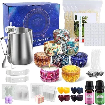 Image de Kit de fabrication de bougies à faire soi-même - Kit complet pour la fabrication de bougies parfumées - comprend un mode d'emploi, 8 bougeoirs, 80 mèches et des accessoires - convient aux adultes