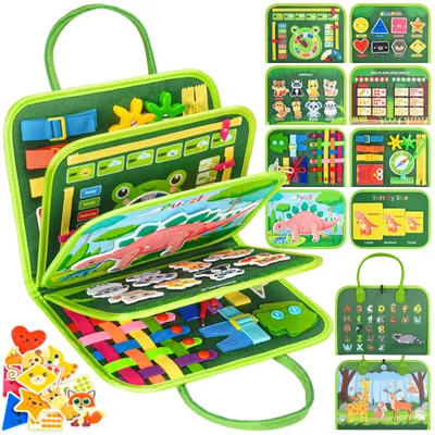 Produktbild von Montessori Spielbrett Beschäftigungsbrett Lernspielzeug - 25 Aktivitäten - 8 Seiten - Filz - Grün - Für Reisen und Auto