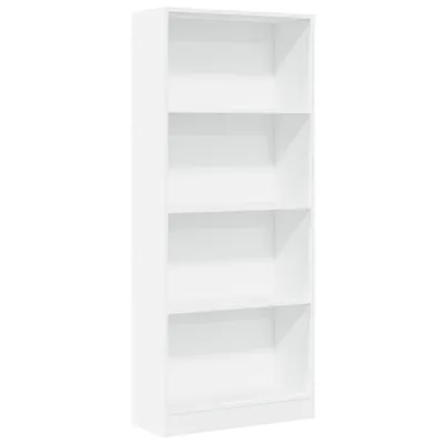 A white, four-shelf bookcase is shown against a white background.