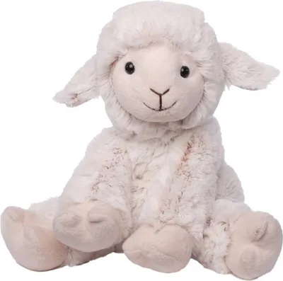 A plush toy sheep sits on a white background.