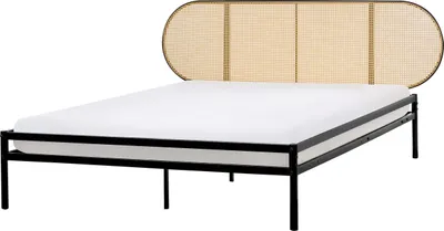Obrázek produktu pro BELIANI Postel černá železný kovový rám 160 x 200 cm lamelový rošt PE ratan vídeňský výplet s čelem moderní boho styl ložnice