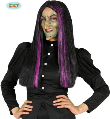 Produktbild von Hexe Gruseliges Halloween Kostüm Geisterhafte Zauberin Lila Schwarz Perücke Feiertag Zauberhafte Mystische Magische Verwandlung Lang Haar Hexen, Farbe: Schwarz