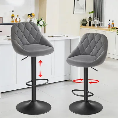 Image de Ensemble de deux tabourets de bar avec dossier, assise en velours, réglables en hauteur, pivotants, de couleur gris foncé