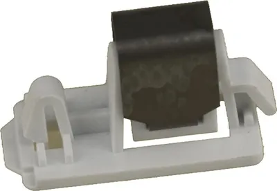 A white plastic and black metal door lock mechanism.