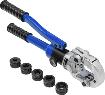 Obrázok produktu pre Hydraulické lisovacie kliešte – CW-1632 – otočná hlava o 360° – 8 t/80 kN – 5 lisovacích čeľustí V12–V28 (12–28 mm) – pre medené rúrky – ergonomická rukoväť – modrá farba