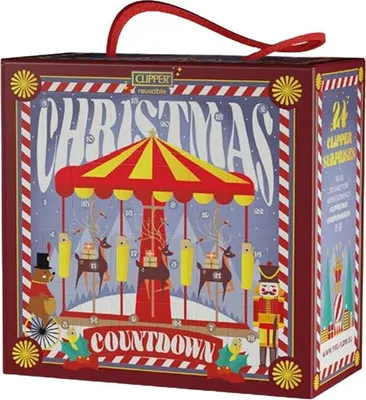 A Christmas advent calendar box with a carousel design.