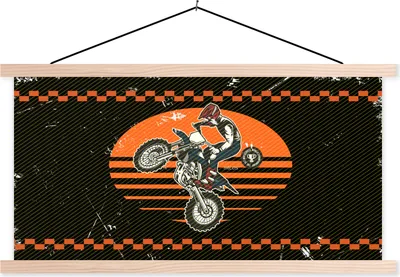 Produktbild von MuchoWow® Textilposter Mancave - Crossmotorrad - Vintage - Orange - Schwarz 120x60 cm mit holzfarbenen Rahmen - Klemmleiste
