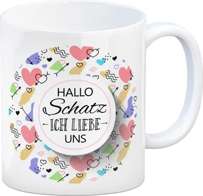 Produktbild von Kaffeebecher mit Spruch: Hallo Schatz ich liebe uns Kaffeetasse Tasse