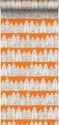 Zdjęcie produktu dla ESTAhome Tapeta Amsterdamskie domy pomarańczowymIbiałym - 115874 - 53 cm x 10,05 m
