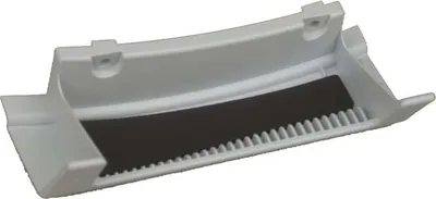 A white plastic appliance part with a black rubber strip and ribbed texture.