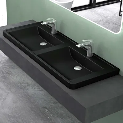 Produktbild von Mai & Mai Waschbecken 120 cm Rechteckige Waschschale Einbauwaschbecken aus Mineralguss Schwarz matt mit Überlauf und Armaturloch Colossum08