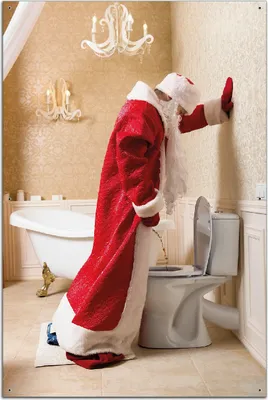 Produktbild von Wallario Outdoor-Poster für Garten oder Balkon, Motiv Weihnachtsmann macht Pause und pinkelt auf edler Toilette, in ca. 61 x 91,50 cm