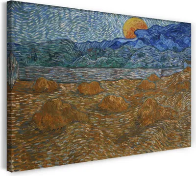 Produktbild von Leinwandbild (100x70cm): Vincent van Gogh - Landschaft mit Weizenhaufen bei Mondaufgang (1890), echter Holz-Keilrahmen inkl. Aufhänger, handgefertigt in Deutschland
