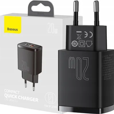 Image de Baseus Chargeur rapide compact, Usb, Usb-C, 20W (Noir)