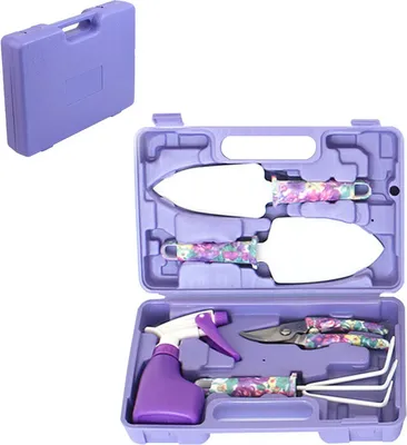 Image de set d'outils de jardinage 5 pièces Set cadeau d'outils de jardinage avec poignée antidérapante et truelle inoxydable, cultivateur, sécateur, pulvérisateur d'eau et étui, Lila
