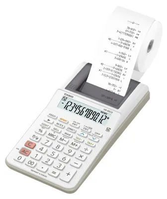 A white Casio printing calculator with a receipt roll extending from it.