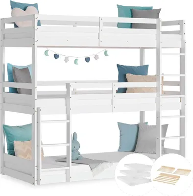 Produktbild von Homestyle4u Etagenbett 90x200 cm mit Matratze Dreifachbett Hochbett Weiß Holz Kinderbett Kinderzimmer