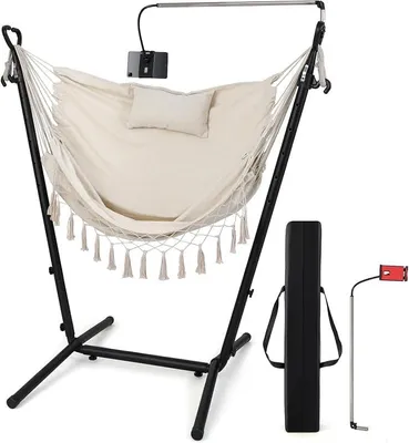 Imagen del producto de Silla colgante con estructura, asiento colgante con altura ajustable, soporte para teléfono móvil, cojín y bolsillo lateral. Silla colgante, hamaca con capacidad de carga de hasta 250 kg, estructura para silla colgante, apta para interiores y exteriores (beige)