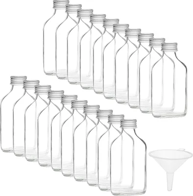 Obrázek produktu pro Skleněné lahvičky na likéry o objemu 100 ml - balení 20 ks, stříbrná víčka a nálevky - prázdné miniaturní lahvičky na svatby a večírky - alkohol, likéry, whisky, panáky a nápoje