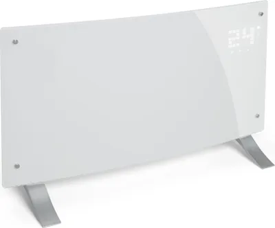 A white electric heater with a digital display and silver legs, set against a white background.