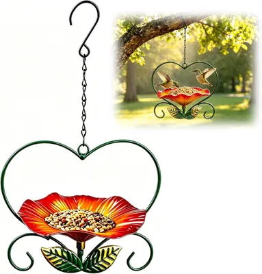 Produktbild von Vogeltränke hängend aus Metall mit Kette, Vogelbad & Futterstelle 2 in 1, wetterfest, dekorative Garten Deko für Wildvögel