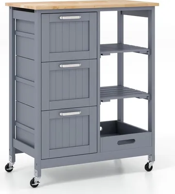Produktbild von GOPLUS Küchenwagen mit Stauraum, Servierwagen auf Rädern mit 3 tiefen Schubladen, offenen Regalen & Herausnehmbarem Tablett, Grau