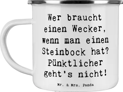 Produktbild von Mr. & Mrs. Panda Teetasse Spruch Steinbock Wecker - Weiß - Geschenk, Tierkreiszeichen, Horoskop, Kaffeepott, Geschenke Astrologie, Emaille Becher, Pott, Pünktlichkeit