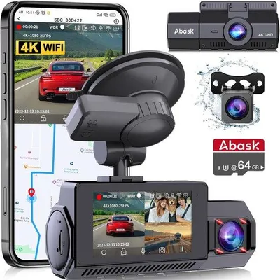 Productafbeelding van 3-Kanaals Dashcam voor Auto met WiFi, GPS, 4K + 1080p + 1080p, 64GB Geheugenkaart, 2.45 Inch Scherm, Nachtzicht, Parkeerbewaking en G-Se