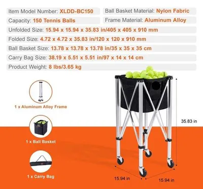 Produktbild von Famanu Tennisballwagen mit 150 Ballen Kapazität - Aluminiumrahmen, faltbar, mit 360° Rollen
