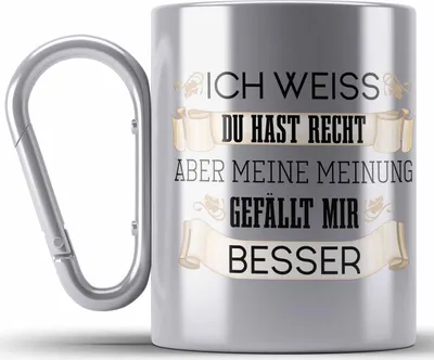 Produktbild von Trendation - Lustiges Geschenk für Männer Frauen Edelstahl Tasse Karabiner Besserwisser Geschenkidee Lustige Edelstahl Tasse Karabiner mit Spruch (Silber)