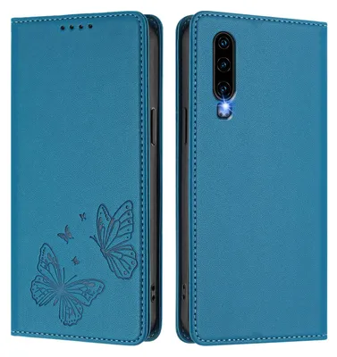 Produktbild von Lederhülle für Huawei P30, Schmetterling Prägung Leder Brieftasche Schutzhülle mit Ständer Blau