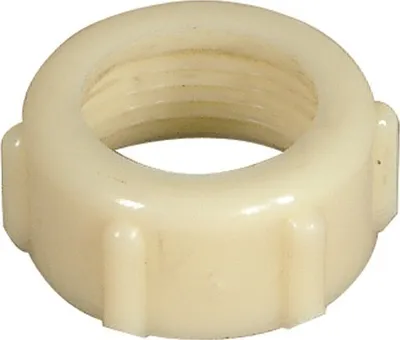 A close-up studio shot of a single cream-colored plastic nut with internal threading.