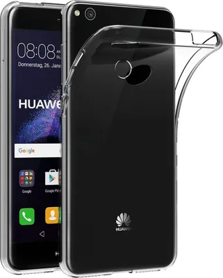 A transparent phone case is shown on top of a Huawei P8 Lite 2017 smartphone.