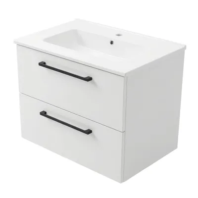 Produktbild von Waschbecken mit Unterschrank ONE mit Waschbecken 2 Schubladen Weiß Hochglanz 80x50x46 hängend Badmöbel Badezimmer Badezimmermöbel Waschbeckenschrank