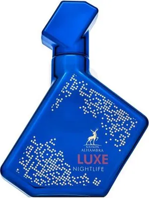 A blue perfume bottle with white pixelated designs and gold text.