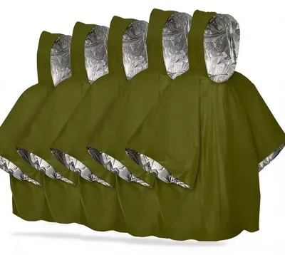 Imagen del producto de Omgoods - Poncho de supervivencia para emergencias - Poncho impermeable para la lluvia con manta de Mylar - Verde, paquete de 5 unidades