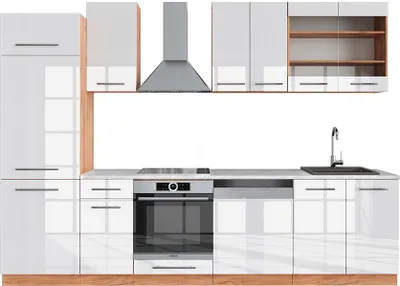 Produktbild von Küchenzeile Vicco Fame-Line Weiß Hochglanz/Goldkraft Eiche 300 cm , AP Marmor, Model 42229